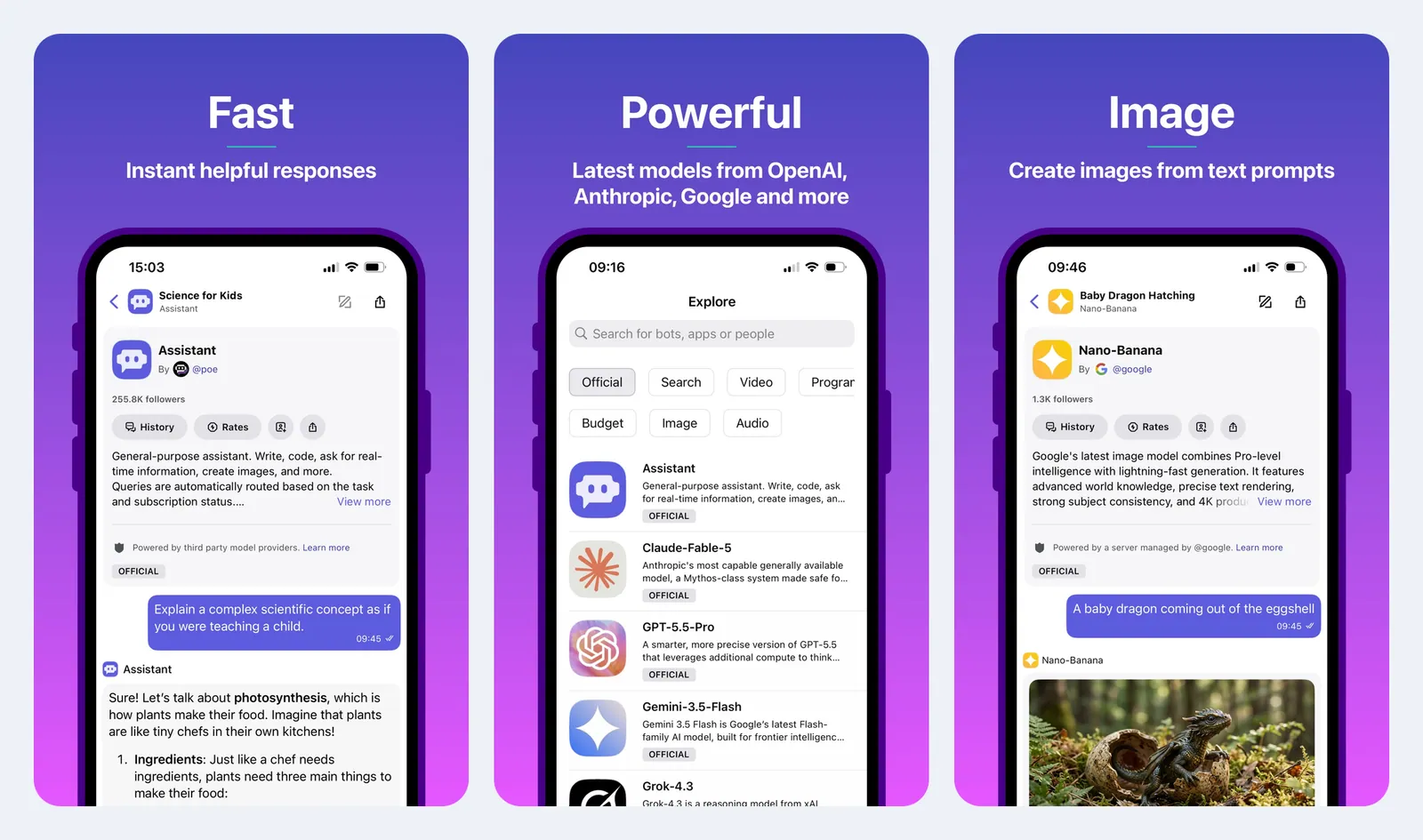 Tiga screenshot resmi aplikasi Poe di App Store: chat dengan bot Assistant yang menjelaskan fotosintesis untuk anak, halaman Explore dengan filter Official, Search, Video, Budget, Image, dan Audio, serta bot Nano-Banana yang membuat gambar bayi naga keluar dari telur