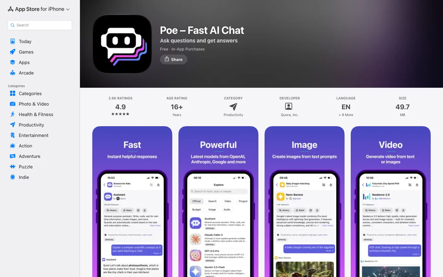 Halaman App Store Indonesia untuk Poe – Fast AI Chat: gratis dengan pembelian dalam aplikasi, rating 4,9 dari 2,6 ribu rating, usia 16+, kategori Productivity, developer Quora, Inc., ukuran 49,7 MB