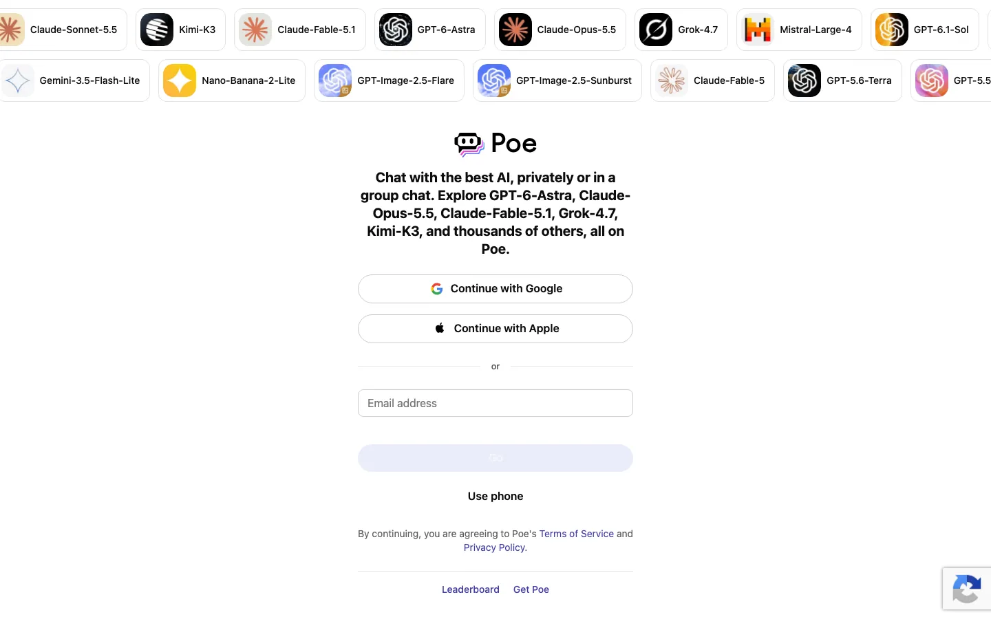 Halaman masuk Poe di poe.com: dua baris kartu model di atas (Claude-Sonnet-5.5, Kimi-K3, GPT-6-Astra, Claude-Opus-5.5, Grok-4.7, Nano-Banana-2-Lite, dan lainnya), lalu tombol Continue with Google, Continue with Apple, kolom email, dan opsi Use phone