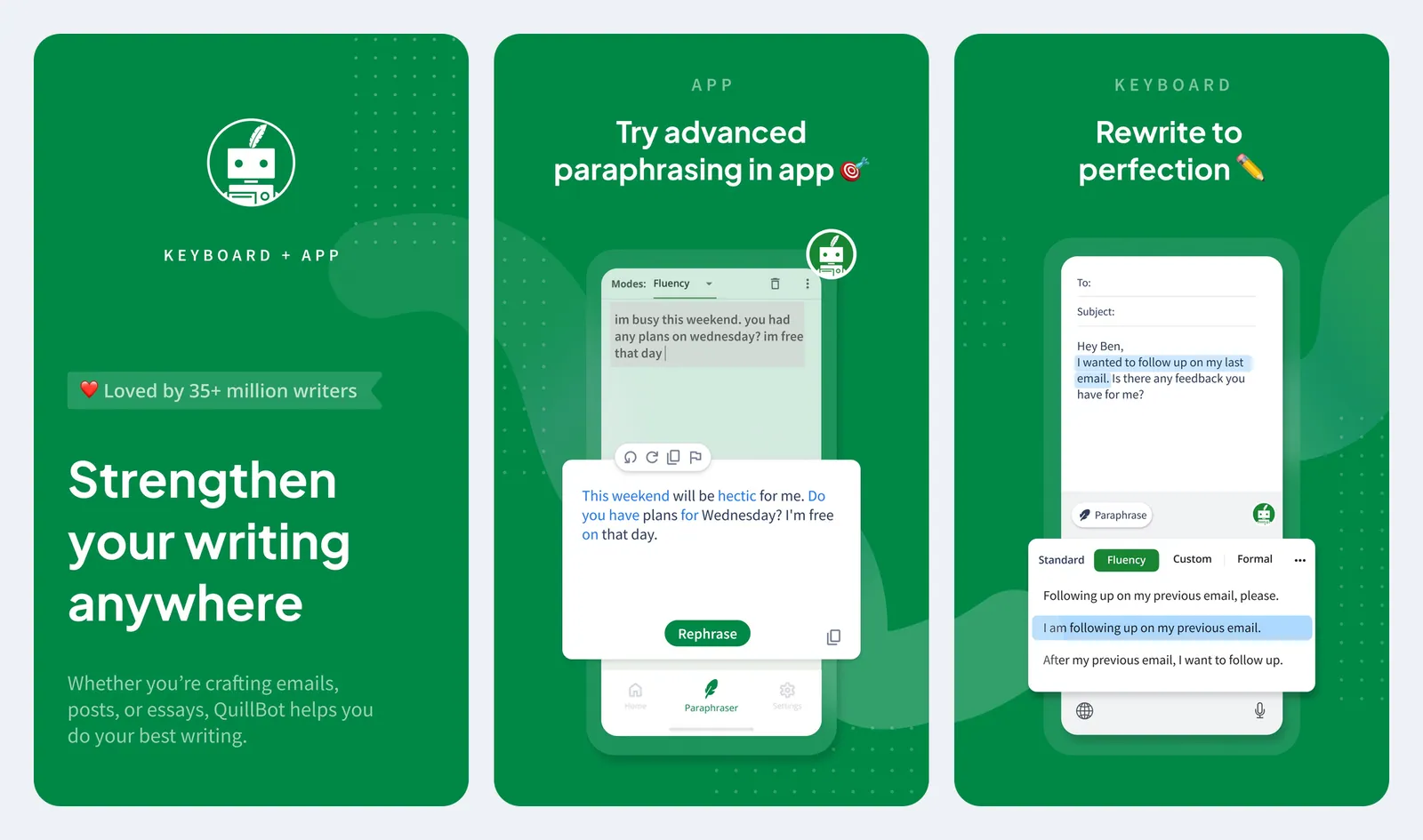 Screenshot resmi aplikasi QuillBot di App Store: aplikasi dengan pilihan mode Fluency yang mengubah kalimat santai menjadi lebih rapi, dan keyboard QuillBot di aplikasi email yang menawarkan tiga versi kalimat dengan tab Standard, Fluency, Custom, dan Formal