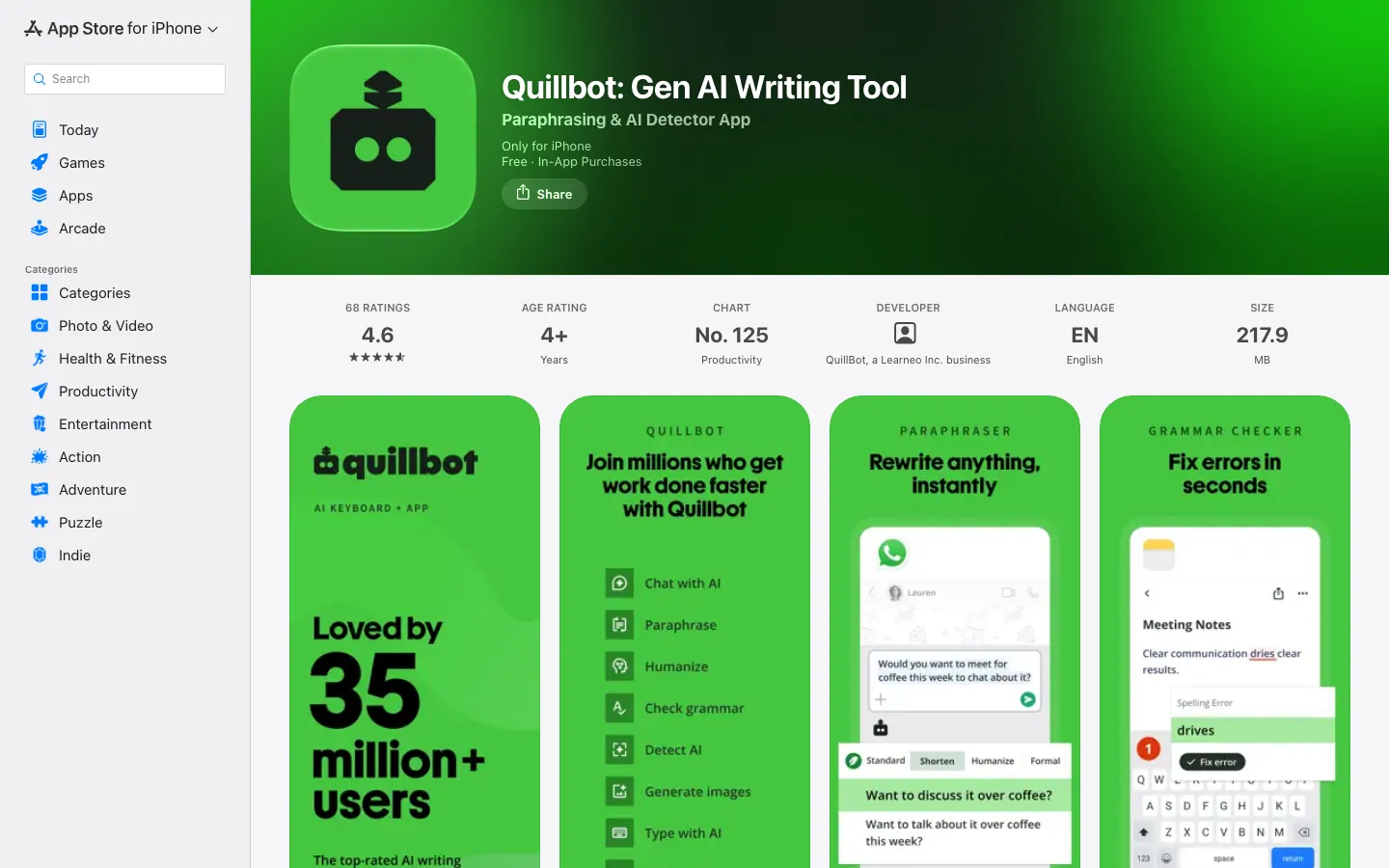 Halaman App Store Indonesia untuk Quillbot: Gen AI Writing Tool, rating 4,6 dari 68 penilaian, peringkat 125 kategori Productivity, ukuran 217,9 MB, dengan daftar fitur Chat with AI, Paraphrase, Humanize, Check grammar, Detect AI, dan Generate images