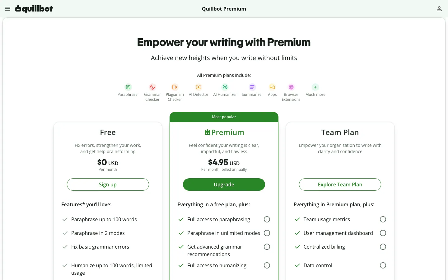 Halaman quillbot.com/premium saat dibuka dari Indonesia: tiga kartu paket, yaitu Free US$0 per bulan, Premium US$4,95 per bulan yang ditagih tahunan dengan label Most popular, dan Team Plan dengan tombol Explore Team Plan