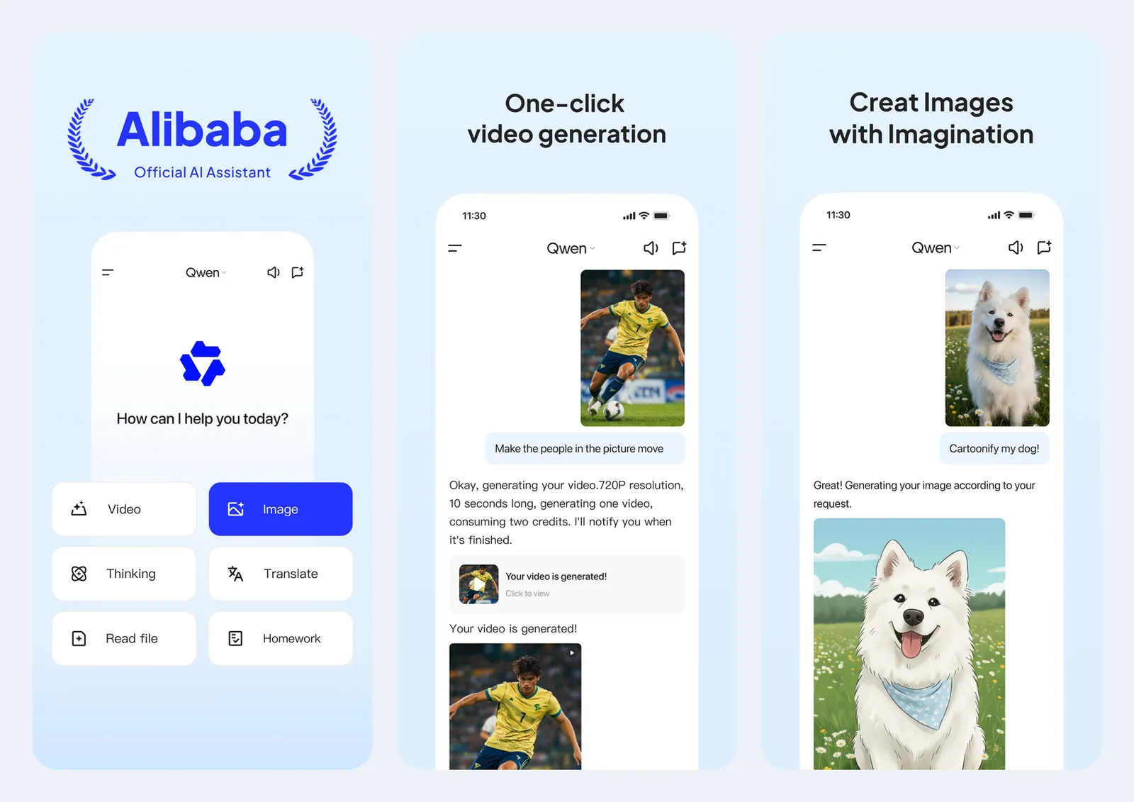 Tiga screenshot resmi aplikasi Qwen di App Store: layar awal dengan tombol Video, Image, Thinking, Translate, Read file, dan Homework; contoh membuat video dari foto pemain bola; dan contoh mengubah foto anjing menjadi kartun