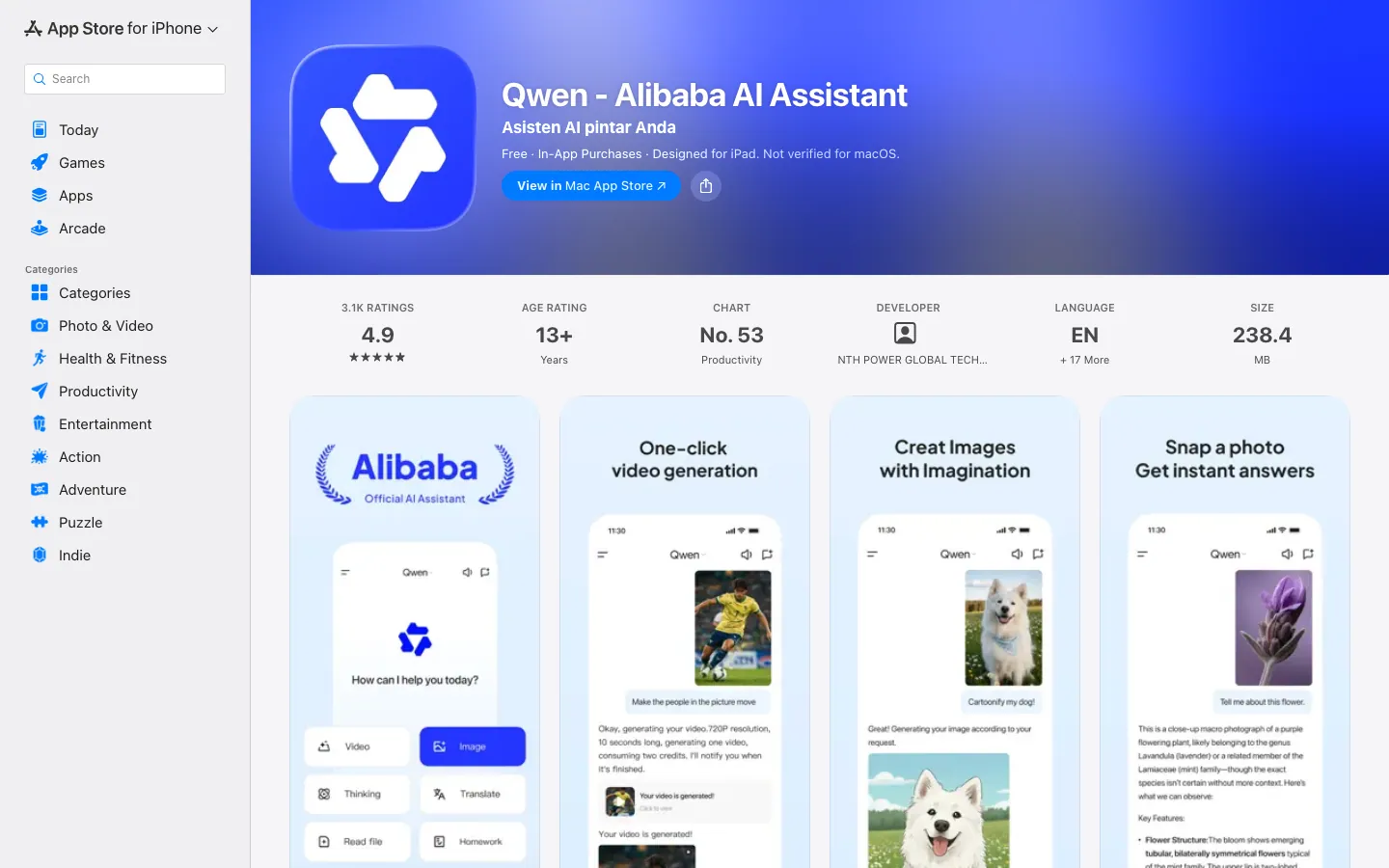 Halaman App Store Indonesia untuk aplikasi Qwen - Alibaba AI Assistant: label Free dan In-App Purchases, rating 4,9 dari 3,1 ribu penilaian, peringkat No. 53 kategori Productivity, dan ukuran 238,4 MB