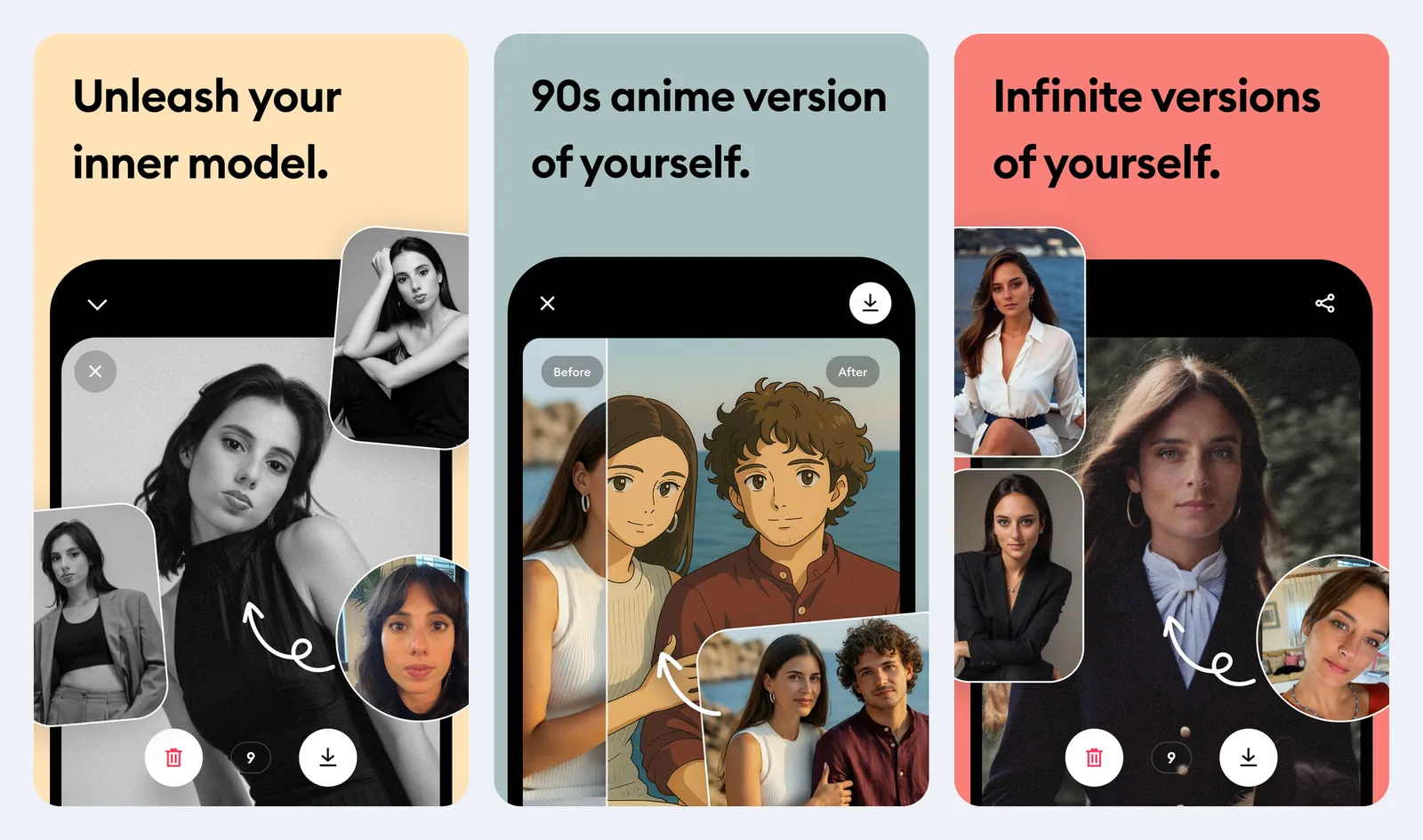 Screenshot resmi Remini di App Store: fitur AI Photos dengan judul Unleash your inner model, 90s anime version of yourself, dan Infinite versions of yourself, lengkap dengan penggeser Before/After serta tombol hapus, penghitung foto, dan unduh di bagian bawah