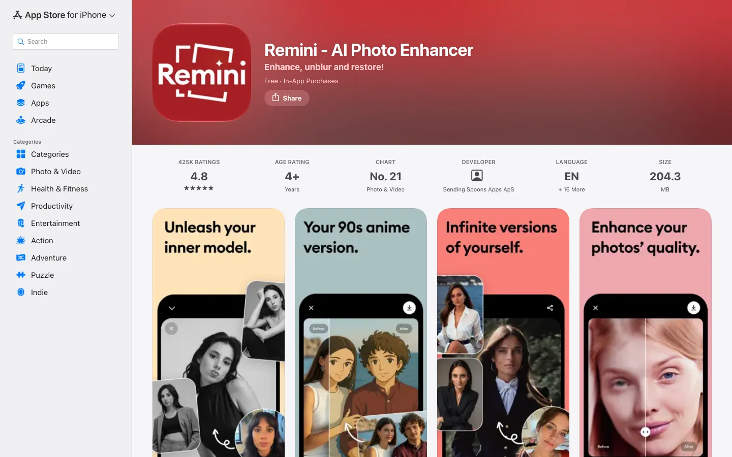 Halaman Remini - AI Photo Enhancer di App Store Indonesia: aplikasi gratis dengan pembelian dalam aplikasi, rating 4,8 dari sekitar 425 ribu penilaian, peringkat 21 di kategori Photo & Video, dan ukuran 204,3 MB