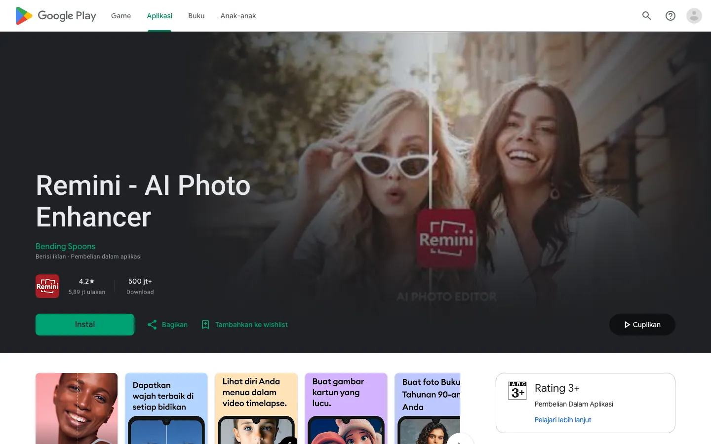 Halaman Remini - AI Photo Enhancer di Google Play Indonesia: rating 4,2 dari 5,89 juta ulasan, lebih dari 500 juta unduhan, label Berisi iklan dan Pembelian dalam aplikasi, serta cuplikan fitur seperti wajah terbaik di setiap bidikan, video menua, dan foto buku tahunan 90-an