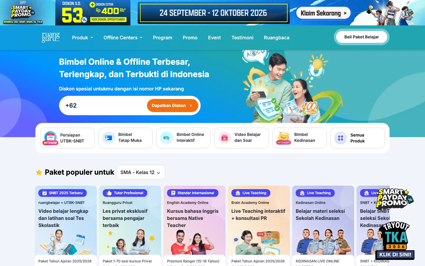 Halaman depan ruangguru.com: banner promo di atas, judul "Bimbel Online & Offline Terbesar, Terlengkap, dan Terbukti di Indonesia", kolom nomor HP untuk diskon, enam pintasan kategori, dan deretan kartu paket populer untuk SMA kelas 12