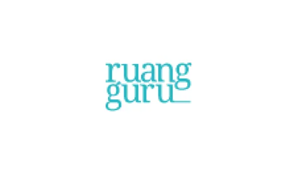 Logo resmi Ruangguru berwarna hijau toska dengan tulisan "ruang guru" bertumpuk dua baris