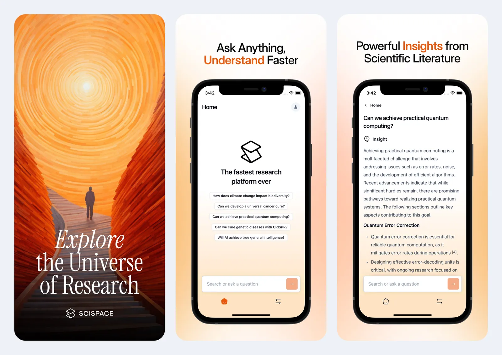 Screenshot resmi aplikasi SciSpace di App Store: layar Home bertuliskan The fastest research platform ever dengan contoh pertanyaan riset dan kolom Search or ask a question, serta layar jawaban Insight tentang komputasi kuantum lengkap dengan nomor sitasi