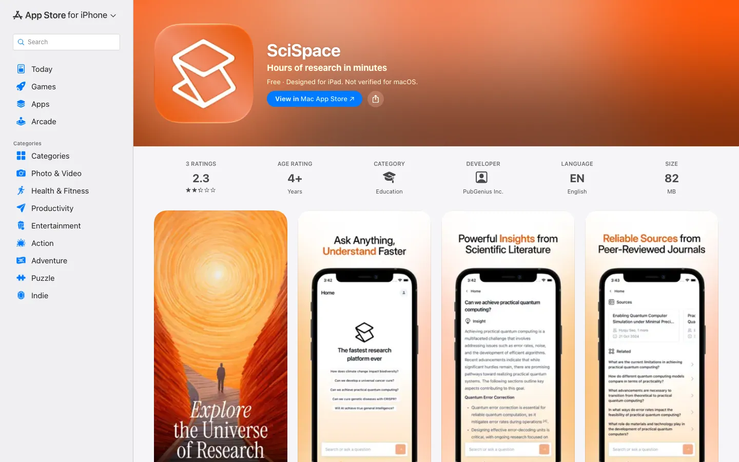Halaman App Store Indonesia untuk aplikasi SciSpace: gratis, kategori Education, rating 2,3 dari 3 ulasan, ukuran 82 MB, bahasa Inggris, dengan deretan screenshot aplikasi
