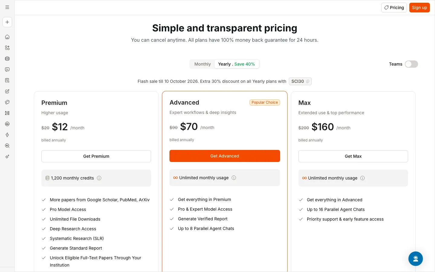 Halaman harga resmi SciSpace dengan pilihan Monthly atau Yearly (hemat 40%), tombol Teams, info flash sale kode SCI30, dan tiga kartu paket: Premium US$12, Advanced US$70, dan Max US$160 per bulan bila dibayar tahunan