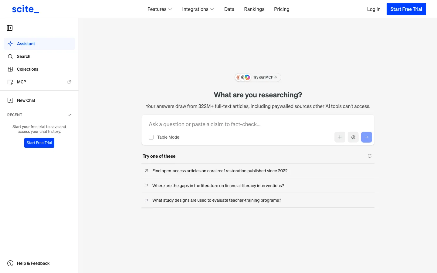 Halaman Scite Assistant: menu kiri Assistant, Search, Collections, MCP, kolom "Ask a question or paste a claim to fact-check", opsi Table Mode, dan tiga contoh pertanyaan riset