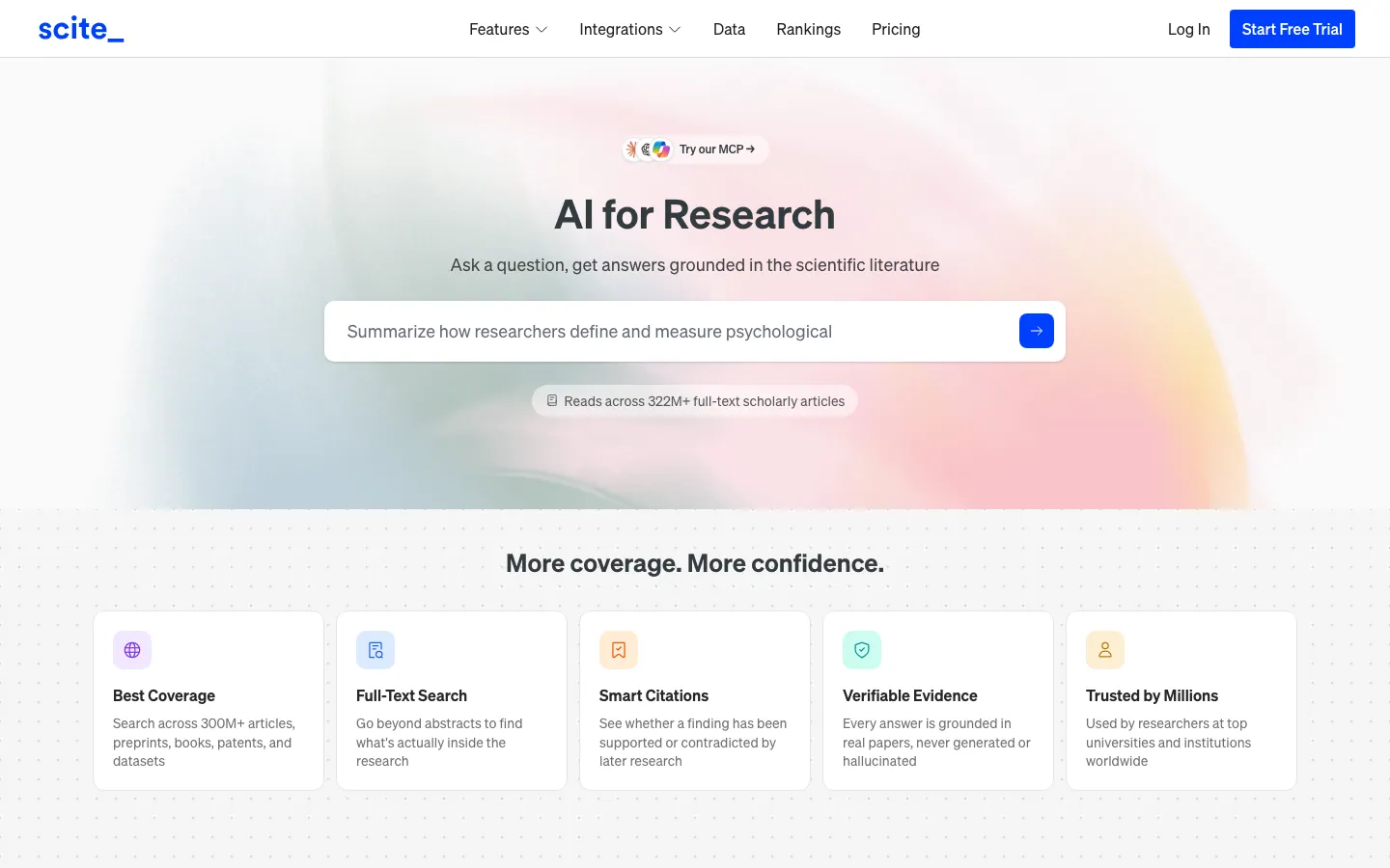 Halaman depan scite.ai: judul AI for Research, kolom pertanyaan di tengah, menu Features, Integrations, Data, Rankings, Pricing, tombol Start Free Trial, dan lima kartu fitur di bawahnya