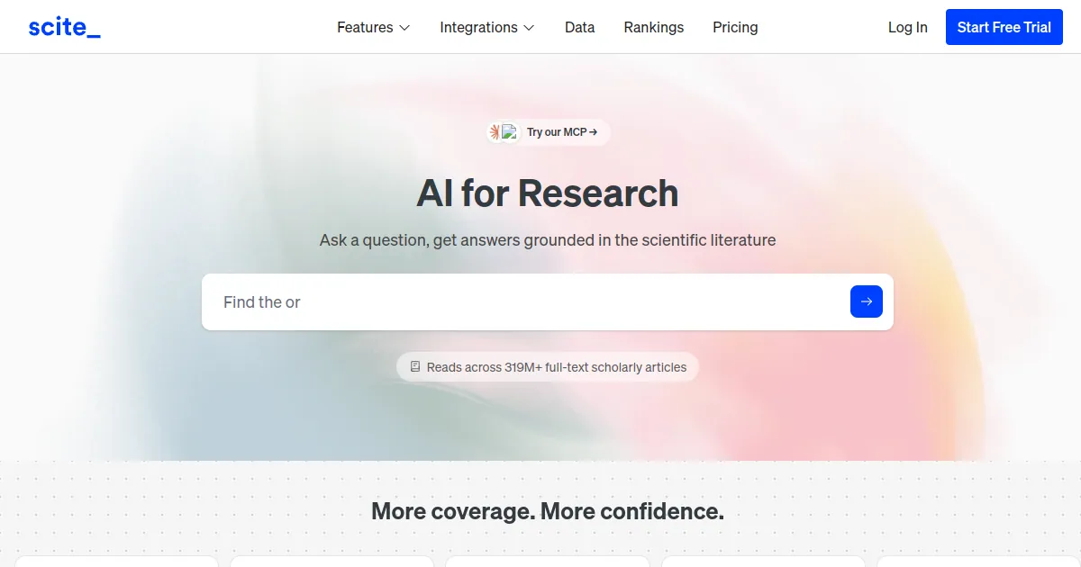 Gambar resmi Scite: judul "AI for Research", kolom pertanyaan, dan keterangan bahwa Scite membaca ratusan juta artikel ilmiah full-text