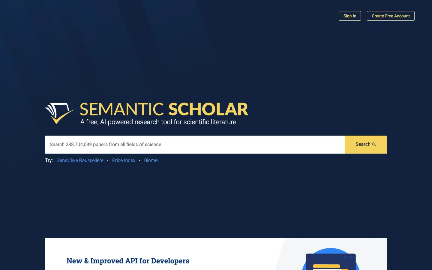 Halaman depan Semantic Scholar tanpa login: logo kuning di atas latar biru tua, kotak pencarian bertuliskan "Search 238,704,039 papers from all fields of science", tombol Search kuning, serta tombol Sign In dan Create Free Account di pojok kanan atas