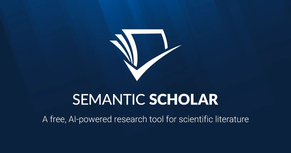 Logo resmi Semantic Scholar berwarna putih di atas latar biru tua, dengan tulisan "A free, AI-powered research tool for scientific literature"
