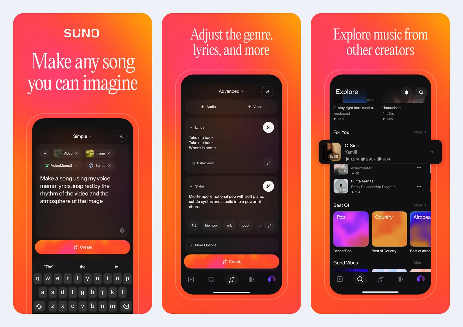 Screenshot resmi aplikasi Suno di App Store: mode Simple dengan lampiran video, gambar, dan memo suara; mode Advanced berisi kolom Lyrics dan Styles dengan pilihan genre hip hop, rnb, dan pop; serta tab Explore dengan daftar For You dan Best Of per genre