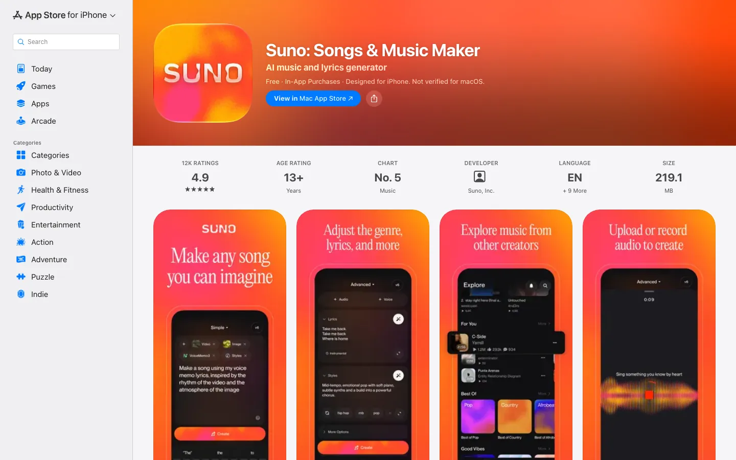 Halaman App Store Indonesia untuk Suno: Songs and Music Maker dengan rating 4,9 dari 12 ribu penilaian, rating usia 13+, peringkat No. 5 kategori Music, ukuran 219,1 MB, dan empat screenshot aplikasi berlatar oranye