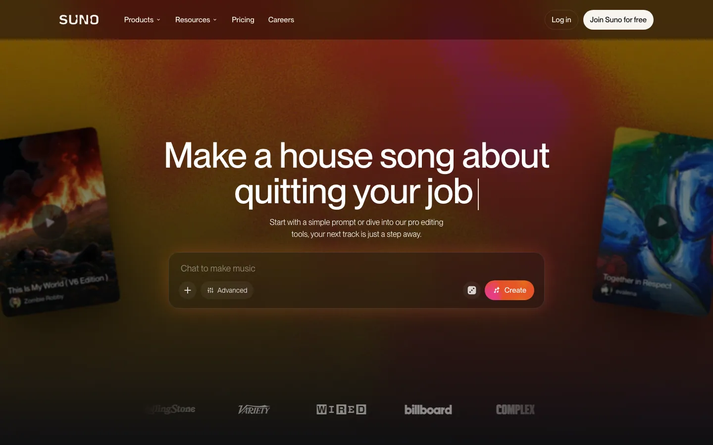Halaman depan suno.com yang dibuka tanpa login: latar gelap bergradasi oranye-ungu, judul contoh prompt Make a house song about quitting your job, kolom Chat to make music dengan tombol Advanced dan tombol Create berwarna oranye-pink, serta kartu lagu contoh di kiri dan kanan