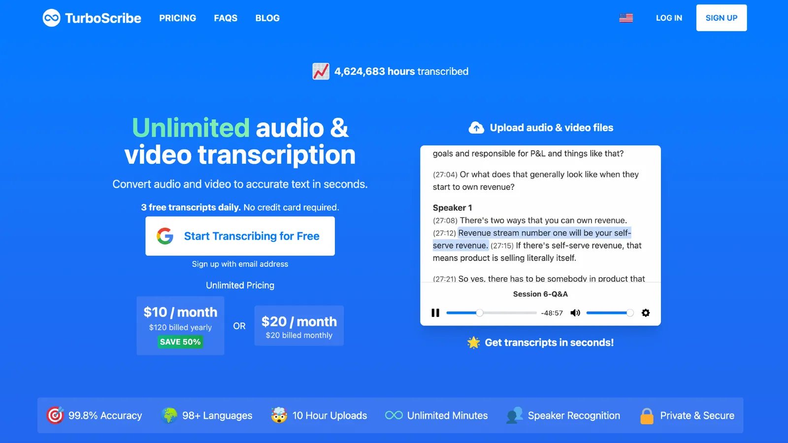 Gambar resmi TurboScribe versi Inggris yang memperlihatkan tampilan transkrip: label Speaker 1, cap waktu di setiap kalimat, kalimat yang sedang diputar disorot biru, dan pemutar audio di bagian bawah