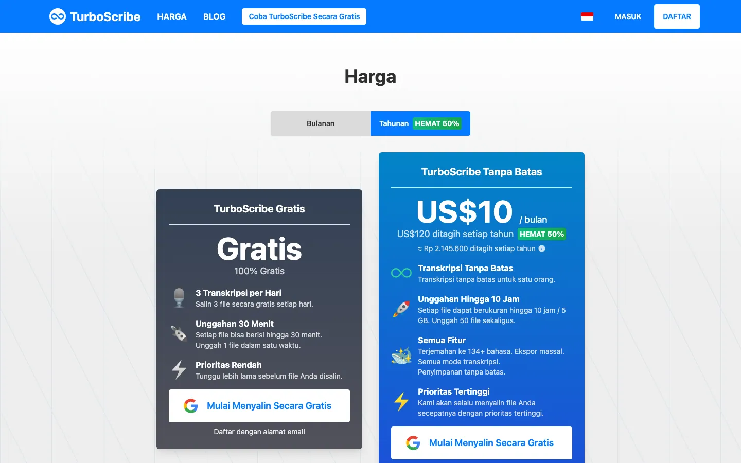 Halaman harga TurboScribe versi Indonesia: tombol Bulanan atau Tahunan (HEMAT 50%), kartu TurboScribe Gratis berisi 3 transkripsi per hari dan unggahan 30 menit, serta kartu TurboScribe Tanpa Batas seharga US$10 per bulan yang ditagih US$120 setahun