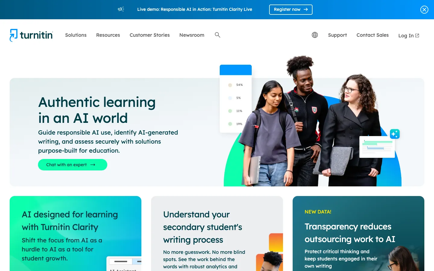 Halaman depan turnitin.com: menu Solutions, Resources, Customer Stories, Newsroom, tombol Contact Sales dan Log In, judul "Authentic learning in an AI world", serta tombol hijau "Chat with an expert"