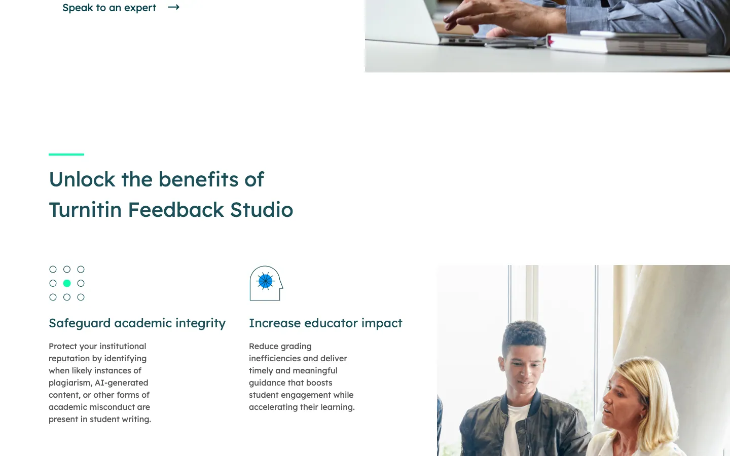 Bagian "Unlock the benefits of Turnitin Feedback Studio" di halaman resmi, dengan poin Safeguard academic integrity dan Increase educator impact