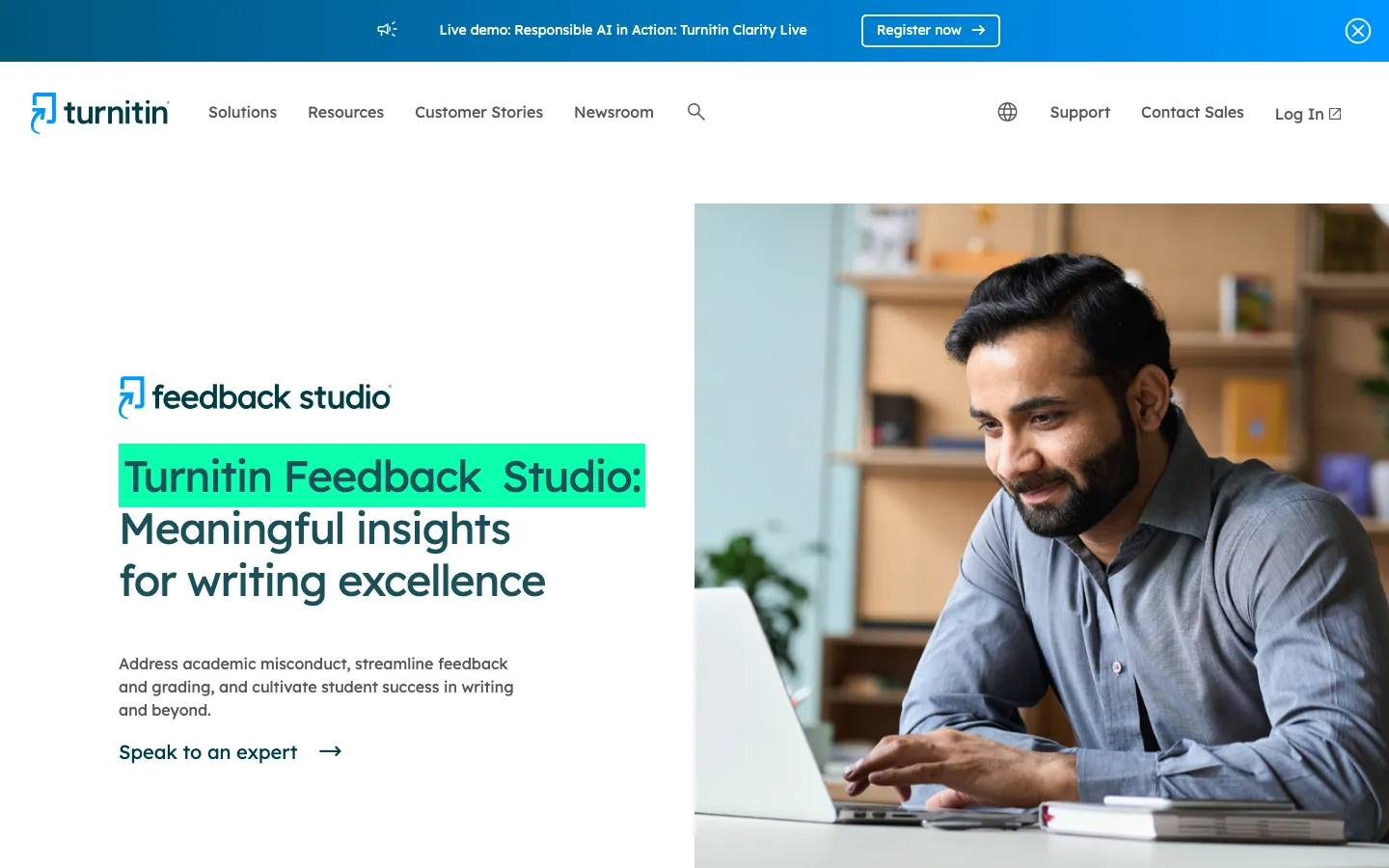 Halaman resmi Turnitin Feedback Studio: logo feedback studio, judul "Meaningful insights for writing excellence", dan tautan "Speak to an expert", tanpa daftar harga