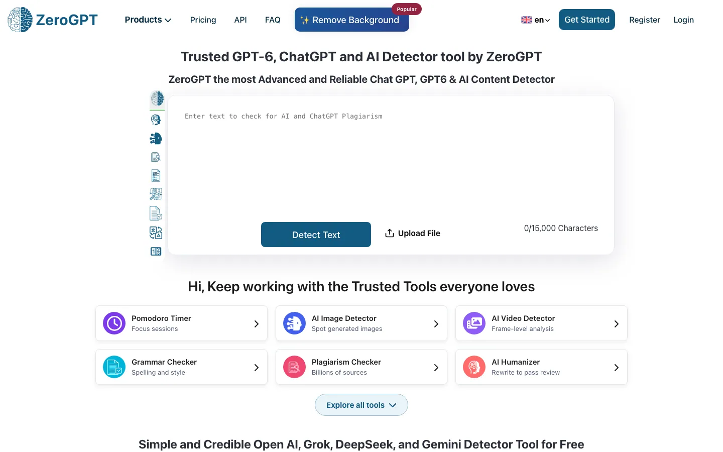 Halaman depan zerogpt.com tanpa login: kotak teks besar bertuliskan Enter text to check for AI, tombol Detect Text dan Upload File, penghitung 0/15,000 Characters, deretan ikon alat di sisi kiri, serta kartu alat seperti Plagiarism Checker dan AI Humanizer di bawahnya