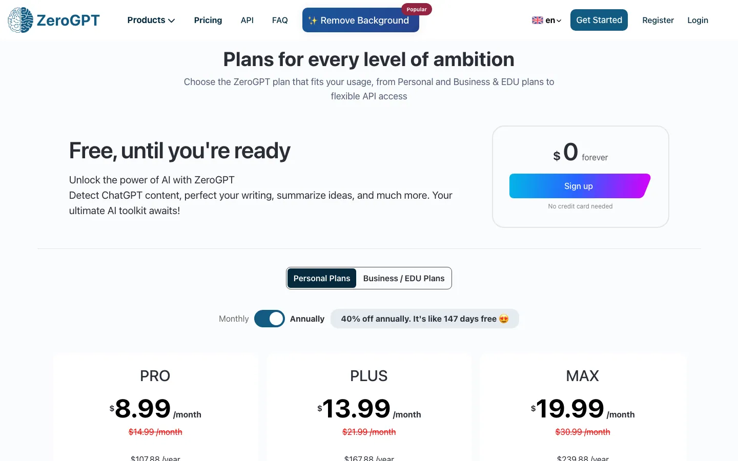 Bagian atas halaman harga ZeroGPT: judul Plans for every level of ambition, kartu US$0 forever dengan tombol Sign up dan tulisan No credit card needed, tombol pilihan Personal Plans atau Business/EDU Plans, serta sakelar Monthly/Annually dengan label 40% off annually