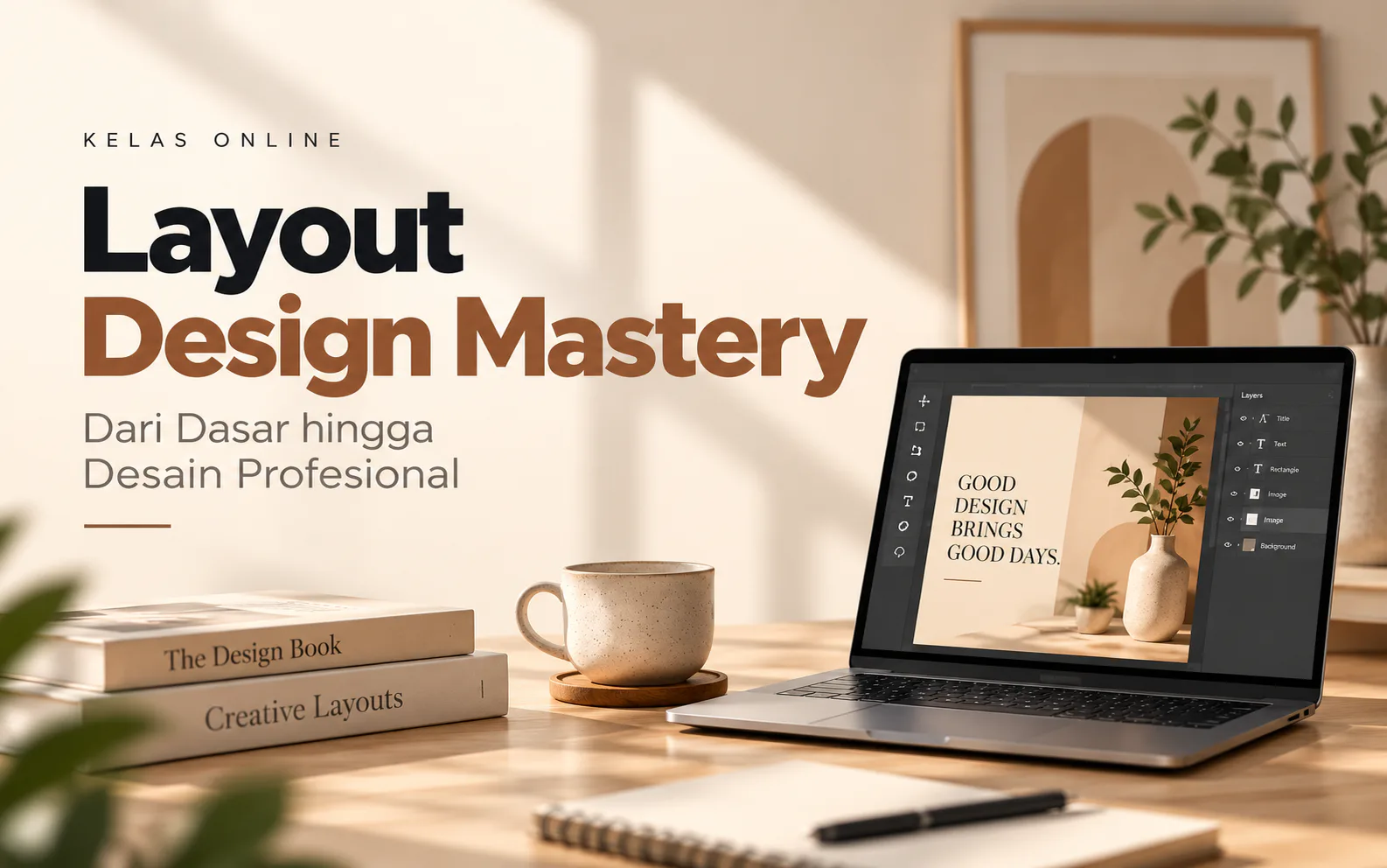 Banner kelas Layout Design Mastery: Dari Dasar hingga Desain Profesional