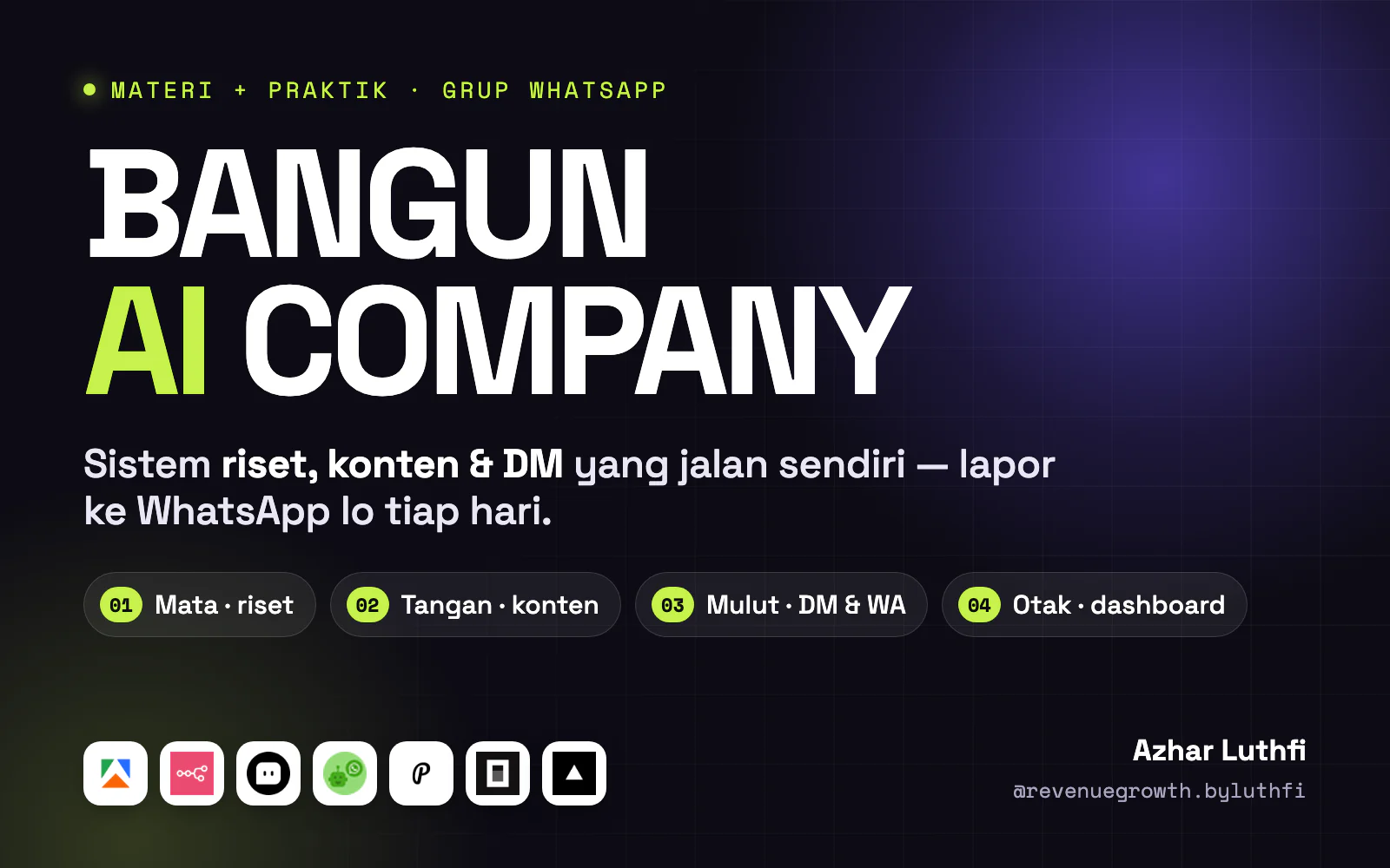 Banner kelas Bangun AI Company: Sistem Riset, Konten & DM yang Jalan Sendiri